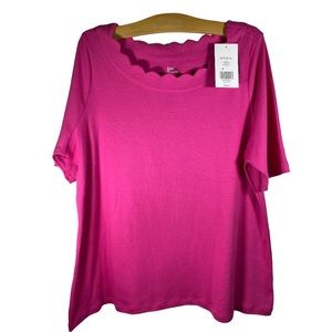 KIM ROGERS Perfectly Soft Petite Lettuce Edge Scoop Neck, Elbow Sleeve Tee
